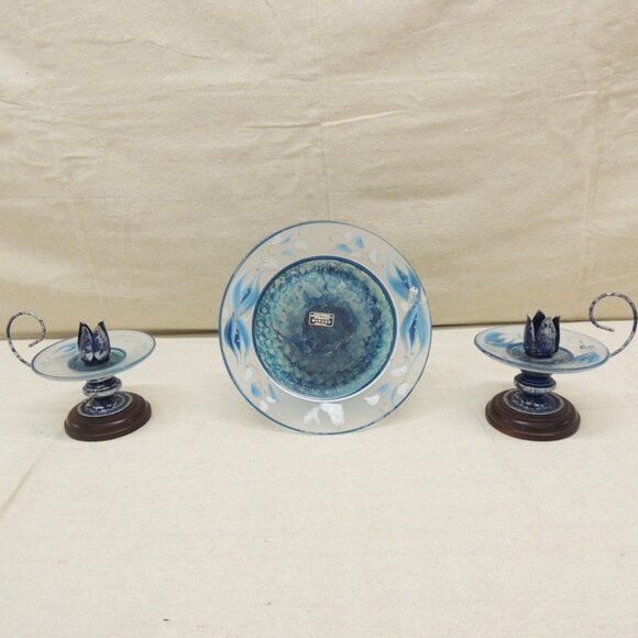 Rare vintage blue and green Murano glass candlesticks and tazza. - Picture 1 of 8